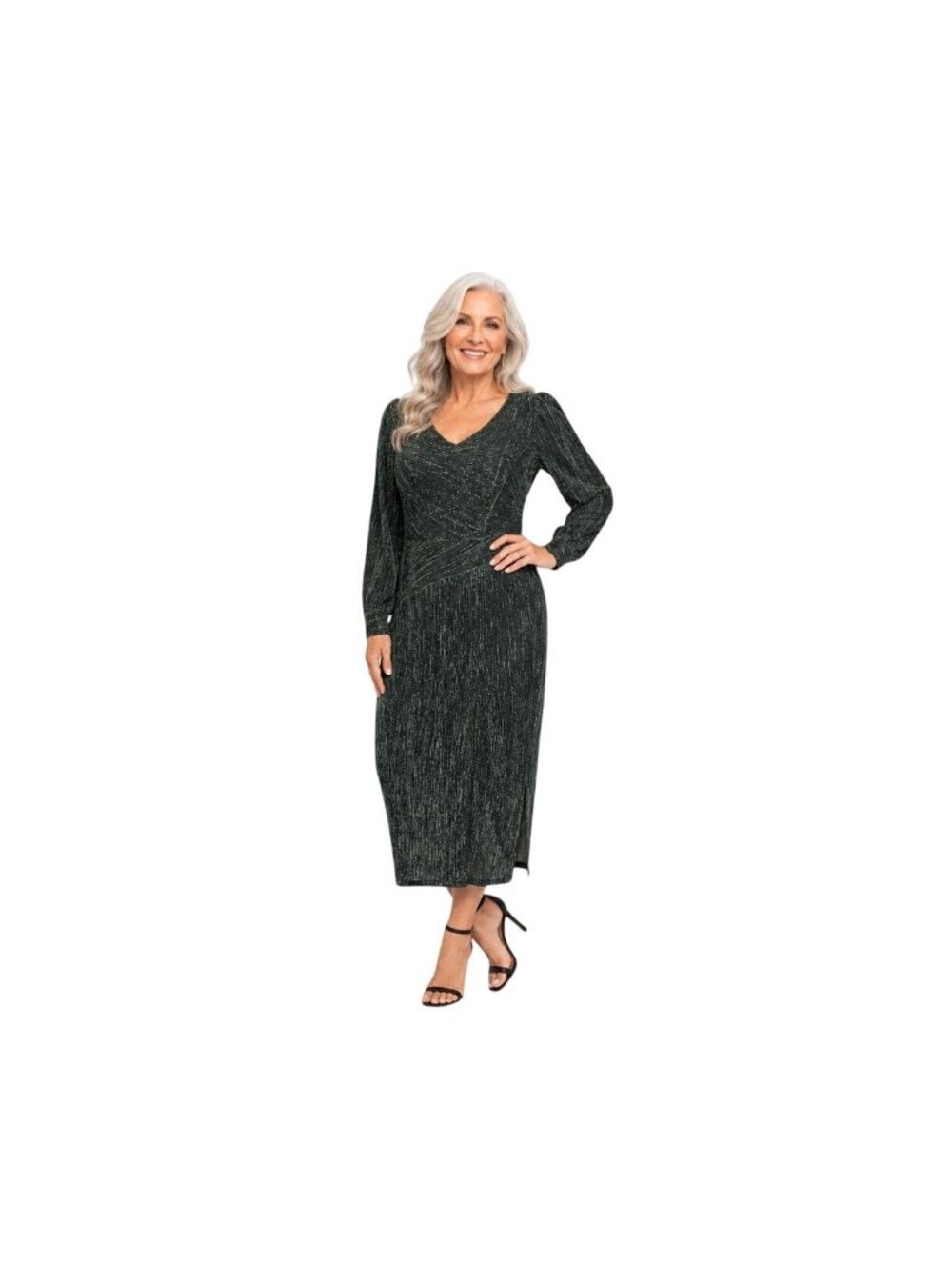 New Betsy & Adam Size 16 Green Black Sparkle Long Sleeve Midi Dress